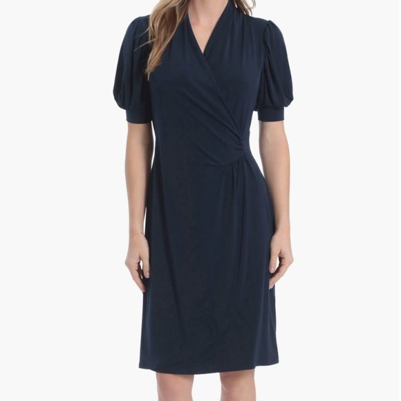 LONDON TIMES Puff Sleeve Faux Wrap Dress in Navy - Picture 1 of 2